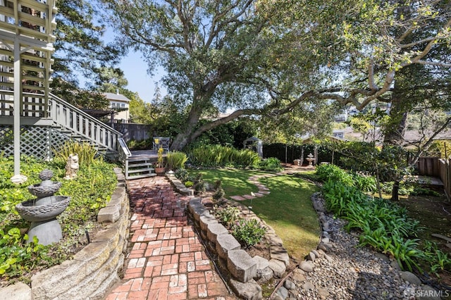 view of yard featuring stairway and a fenced backyard