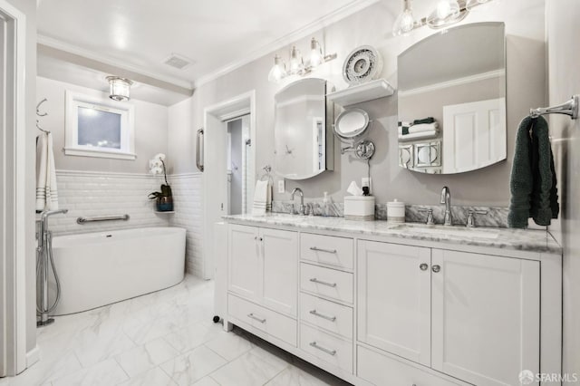 bathroom featuring double vanity, ornamental molding, marble finish floor, and a sink