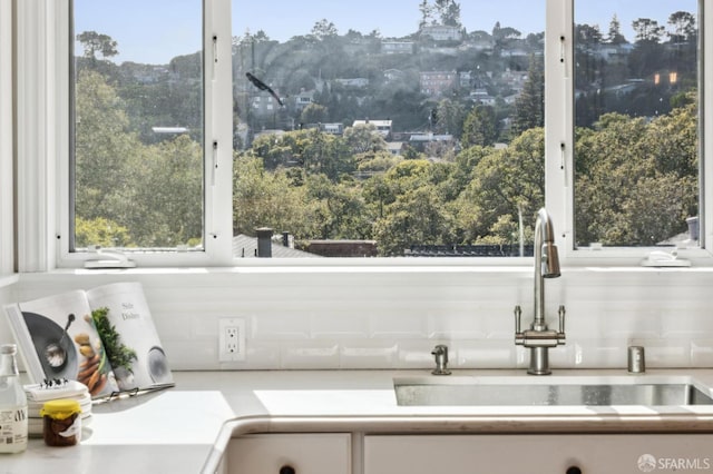 details featuring a sink and white cabinetry