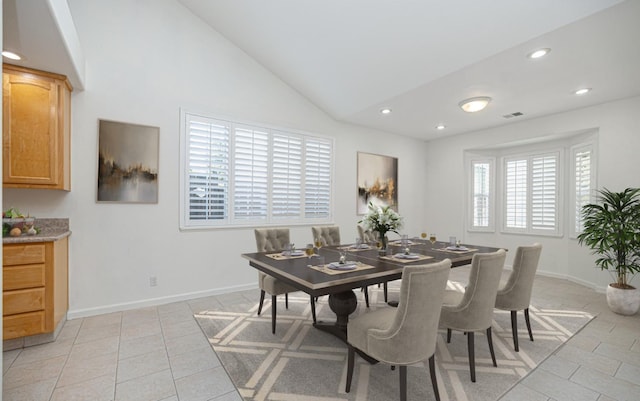 dining area with light tile patterned floors, baseboards, recessed lighting, and visible vents