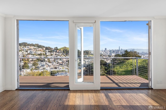 interior space with a view of city, baseboards, and hardwood / wood-style flooring