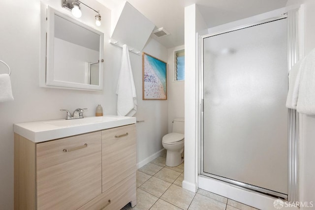 bathroom with vanity, visible vents, tile patterned flooring, a shower stall, and toilet