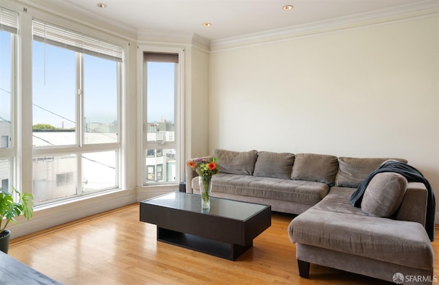 living room featuring crown molding and light wood-type flooring