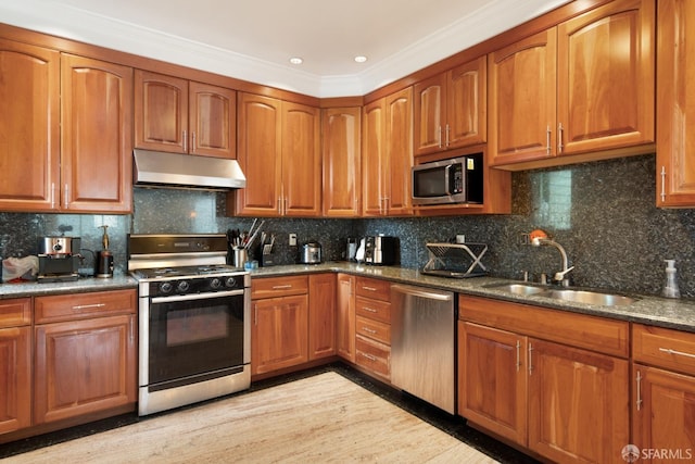 kitchen featuring tasteful backsplash, appliances with stainless steel finishes, sink, and dark stone countertops