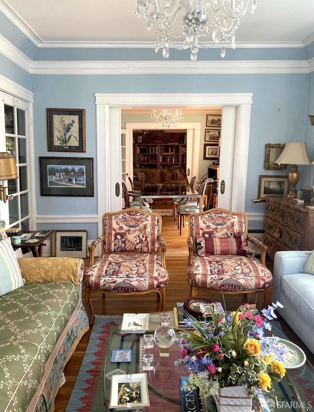 2299 Sacramento St Unit 15, San Francisco, CA 94115 - living area featuring a chandelier, ornamental molding, and wood finished floors