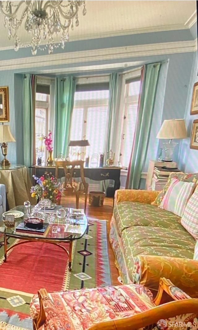 2299 Sacramento St Unit 15, San Francisco, CA 94115 - bedroom with wallpapered walls, a chandelier, ornamental molding, and wood finished floors