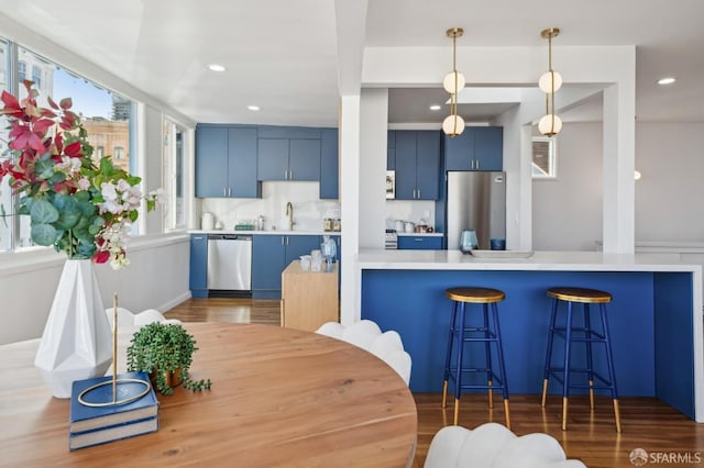 kitchen featuring appliances with stainless steel finishes, blue cabinetry, sink, and dark wood-type flooring