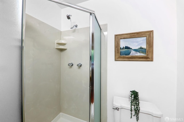 full bathroom featuring a shower stall and toilet