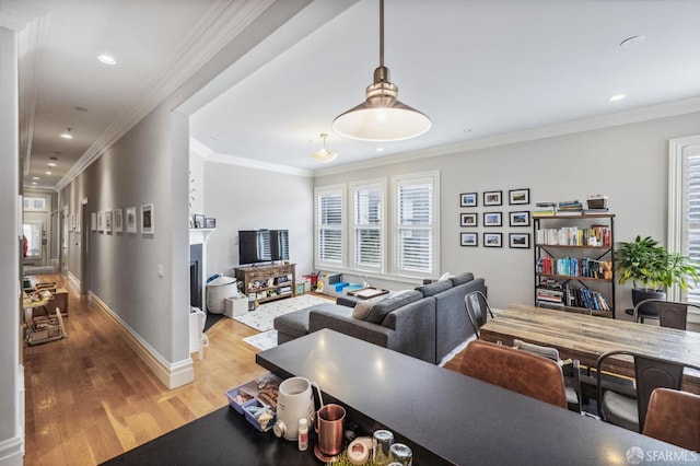 living room with ornamental molding and light hardwood / wood-style flooring