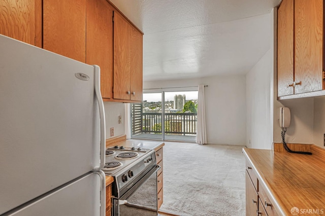 1455 Laguna St Unit 6, San Francisco, CA 94115 - kitchen featuring freestanding refrigerator, electric stove, light colored carpet, light countertops, and brown cabinetry