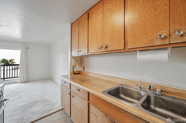 1455 Laguna St Unit 6, San Francisco, CA 94115 - kitchen featuring a sink, light countertops, light colored carpet, and brown cabinets