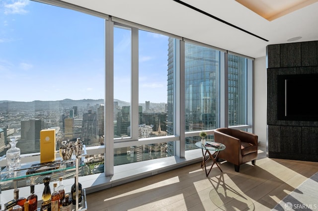 181 Fremont St Unit 55C, San Francisco, CA 94105 - living area with healthy amount of natural light, a mountain view, wood finished floors, and floor to ceiling windows