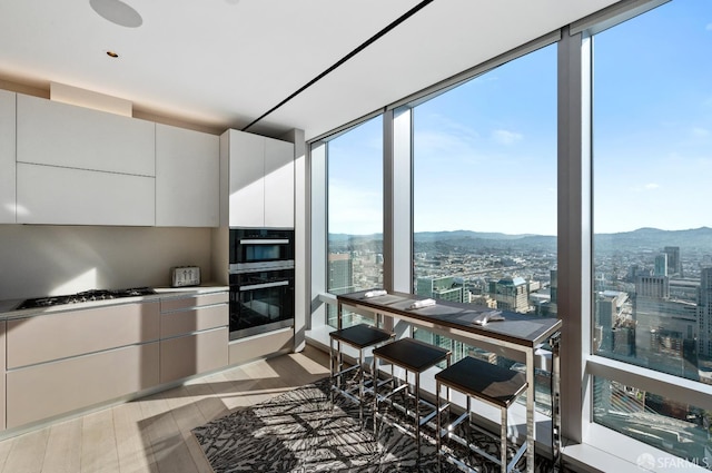 181 Fremont St Unit 55C, San Francisco, CA 94105 - kitchen featuring gas stovetop, expansive windows, a view of city, a mountain view, and wood finished floors
