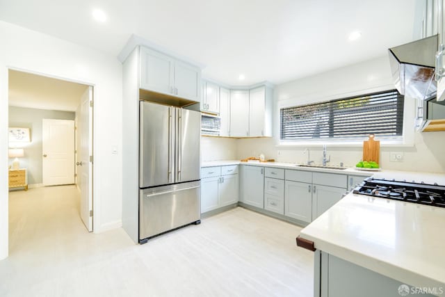 19652 Stanton Ave, Castro Valley, CA 94546 - kitchen with freestanding refrigerator, light countertops, and recessed lighting