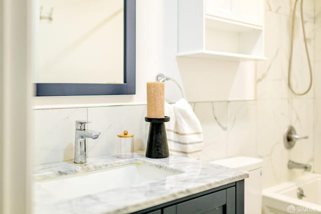 19652 Stanton Ave, Castro Valley, CA 94546 - full bath with vanity, shower / bathtub combination, and tasteful backsplash