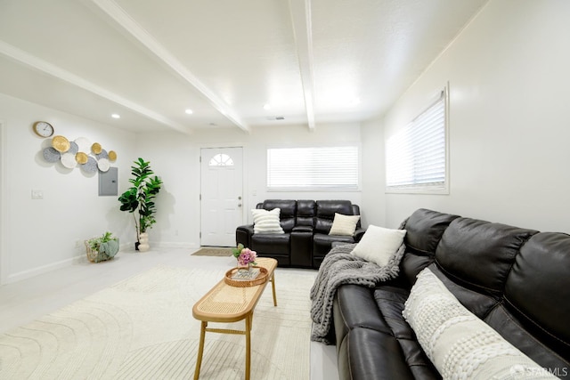 19652 Stanton Ave, Castro Valley, CA 94546 - living room with beam ceiling, electric panel, and recessed lighting