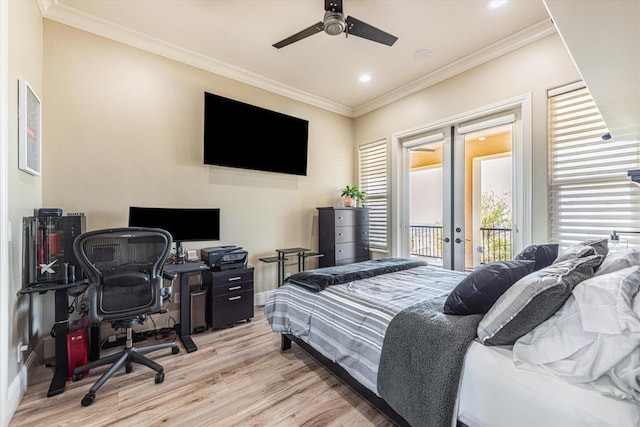 bedroom with french doors, access to outside, ornamental molding, ceiling fan, and light hardwood / wood-style flooring