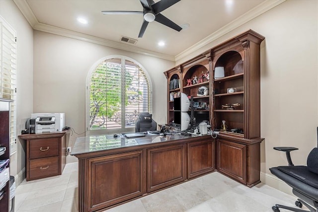 tiled office featuring ceiling fan and crown molding