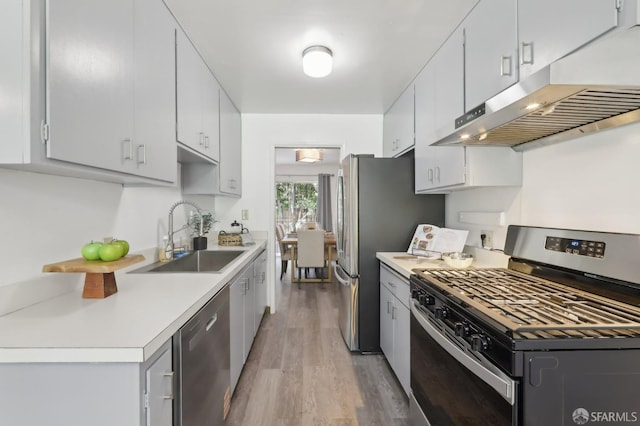 134 Albatross Ct, San Francisco, CA 94124 - kitchen with stainless steel appliances, a sink, extractor fan, light wood-style floors, and light countertops