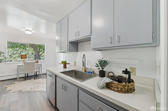134 Albatross Ct, San Francisco, CA 94124 - kitchen with a sink, dishwasher, light countertops, wood finished floors, and gray cabinetry