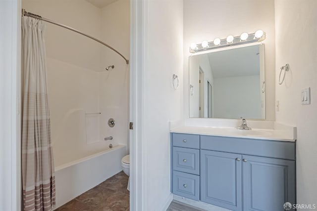 full bathroom with shower / bath combination with curtain, toilet, and vanity
