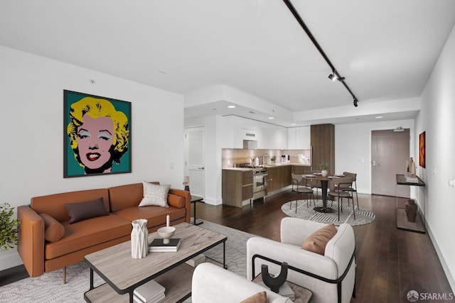 living room featuring rail lighting and dark hardwood / wood-style floors