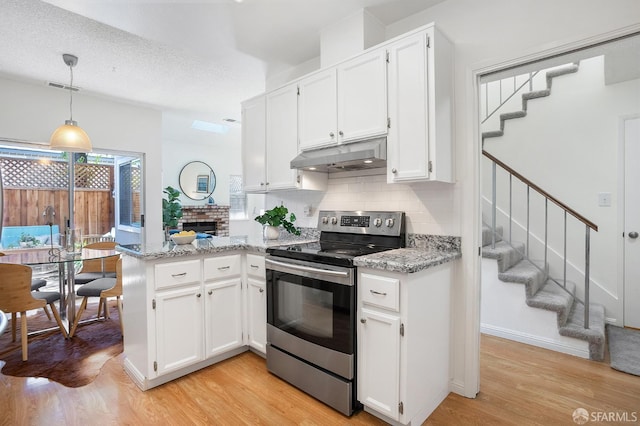 3937 Vine St, Pleasanton, CA 94566 - kitchen featuring under cabinet range hood, stainless steel electric range, light wood-type flooring, a peninsula, and white cabinets
