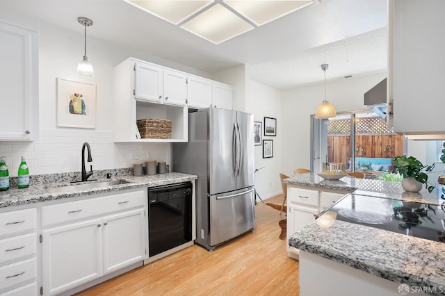 3937 Vine St, Pleasanton, CA 94566 - kitchen featuring dishwasher, a sink, freestanding refrigerator, white cabinetry, and decorative backsplash