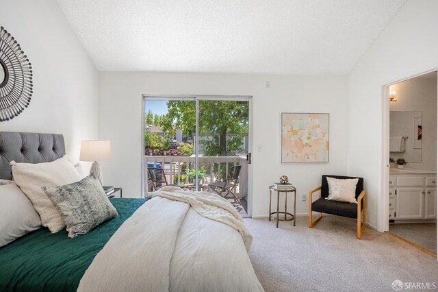 3937 Vine St, Pleasanton, CA 94566 - bedroom featuring access to exterior, light colored carpet, lofted ceiling, ensuite bath, and baseboards