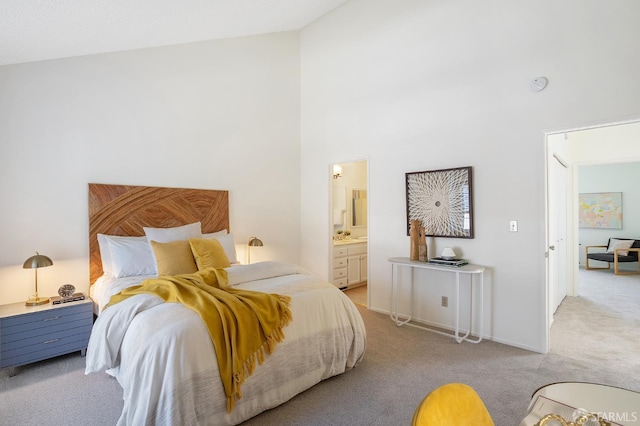 3937 Vine St, Pleasanton, CA 94566 - bedroom with light colored carpet, high vaulted ceiling, ensuite bath, and baseboards
