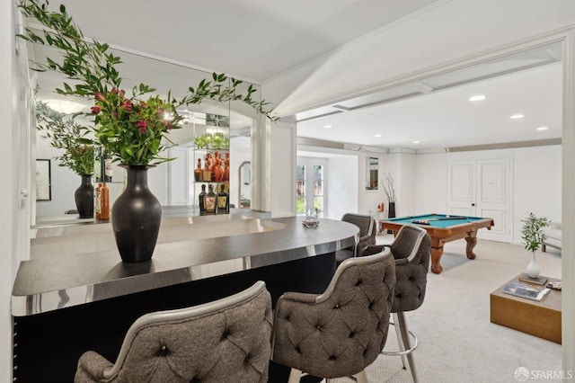 recreation room featuring carpet floors, recessed lighting, billiards, and crown molding