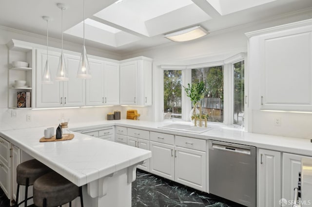 kitchen featuring dishwasher, marble finish floor, white cabinetry, open shelves, and a sink