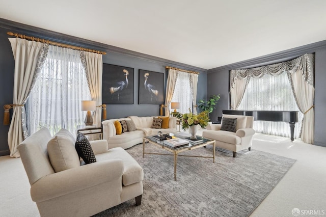 carpeted living area featuring crown molding