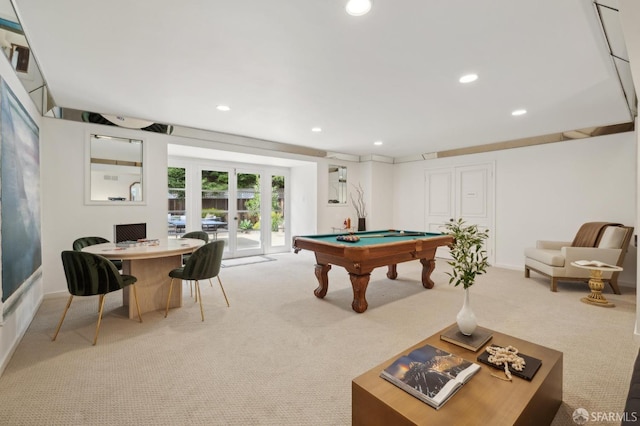 recreation room with light carpet, recessed lighting, billiards, and french doors