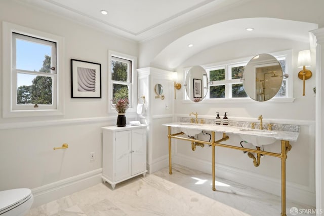 full bath with toilet, recessed lighting, baseboards, marble finish floor, and ornamental molding