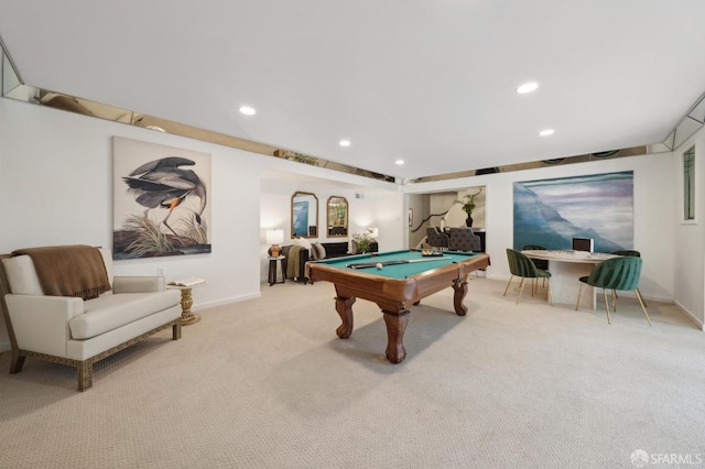 game room with billiards, baseboards, carpet flooring, and recessed lighting