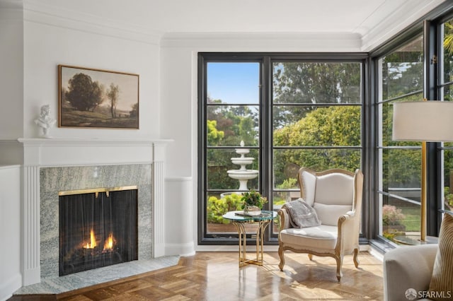 living area featuring a premium fireplace and crown molding