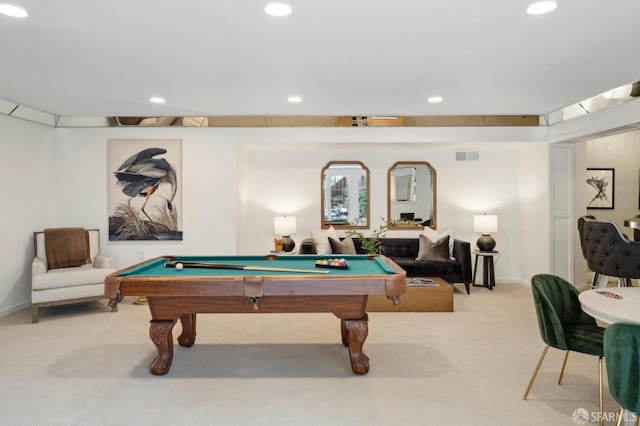 game room with carpet floors, recessed lighting, visible vents, and billiards