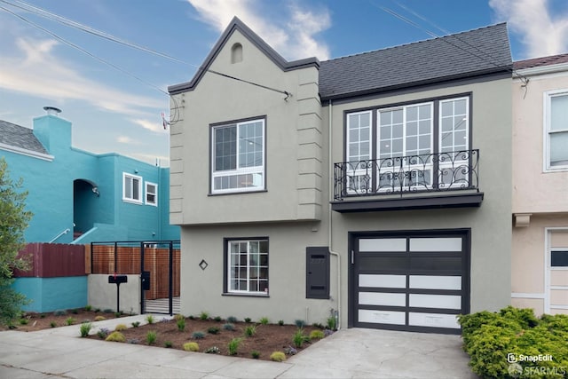 2277 33rd Ave, San Francisco, CA 94116 - view of property featuring a garage, stucco siding, a balcony, and driveway