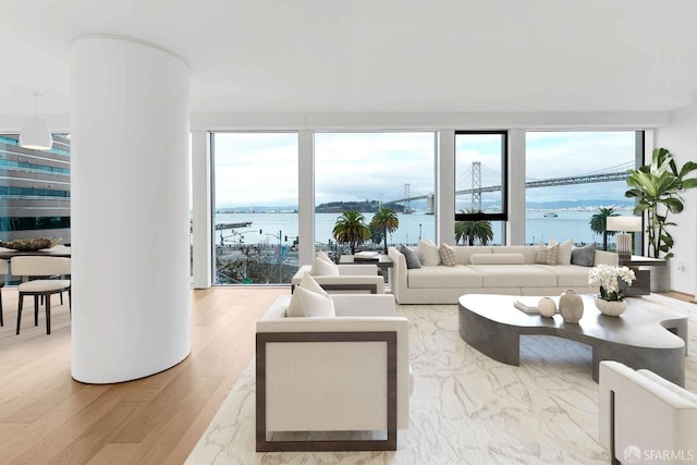 living room featuring a healthy amount of sunlight, a water view, and hardwood / wood-style flooring