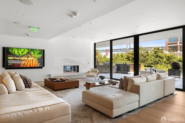 living room featuring a wall of windows, a fireplace, and light wood-type flooring