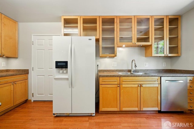 1835 Clayton Way, Concord, CA 94519 - kitchen featuring white fridge with ice dispenser, dishwasher, a sink, light wood-type flooring, and dark countertops