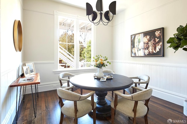 dining room featuring a wainscoted wall and wood finished floors