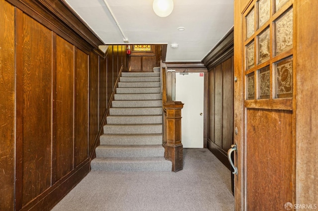 516 Stanyan St, San Francisco, CA 94117 - stairway featuring wood walls, ornamental molding, and carpet floors