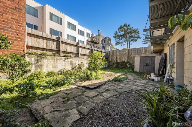 view of yard featuring a patio and a storage shed