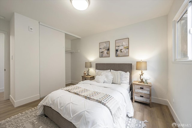 bedroom featuring dark wood-type flooring and a closet