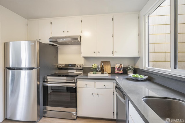 kitchen featuring stainless steel appliances, white cabinets, and light hardwood / wood-style flooring