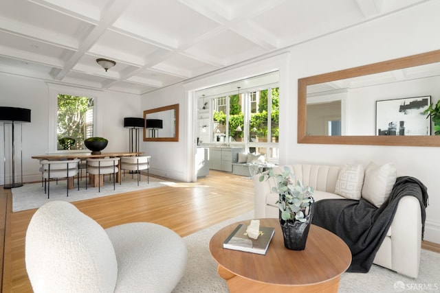 living room with coffered ceiling, a healthy amount of sunlight, beamed ceiling, and wood finished floors