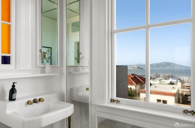 bathroom with a water and mountain view and a sink