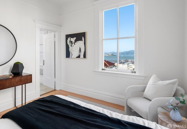 bedroom featuring light wood-style flooring and baseboards